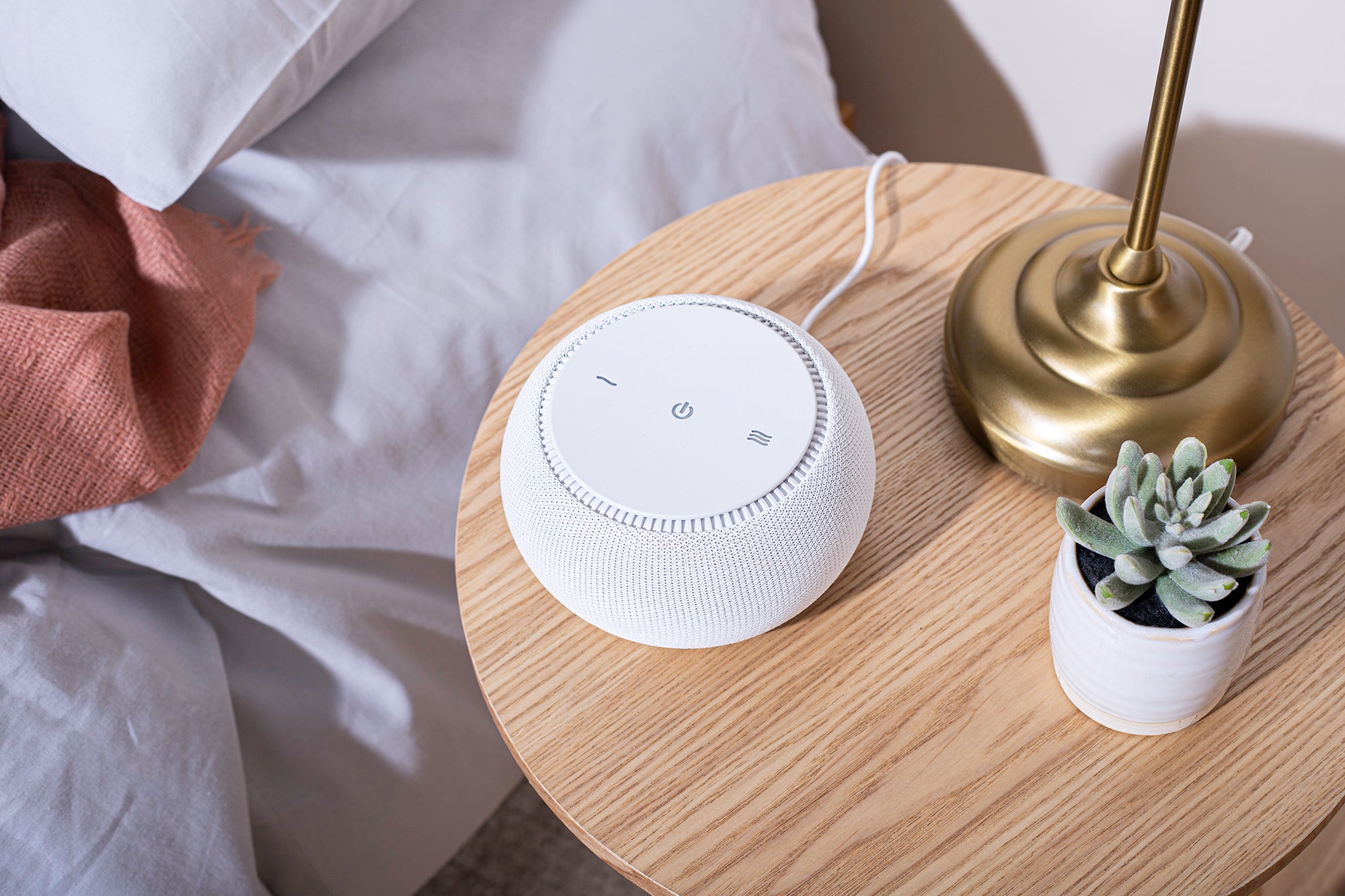 Round white smart speaker on a wooden nightstand with a lamp and a succulent.