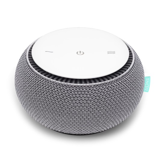 Compact, round air purifier with a white top and grey mesh body.